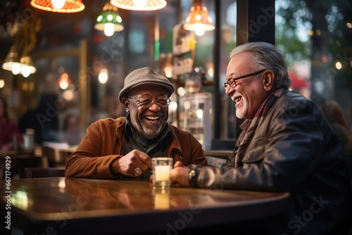 Old friends with beards exchange stories with laughter at cafe bask in warm companionship. Bearded old men pensioners laugh and reminisce memories savoring comfort of company at cafe