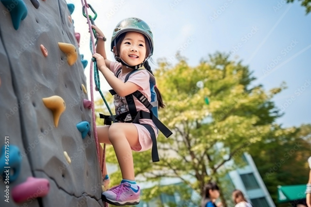 Obraz premium Asian child girl sports exercises climbing on climbing wall