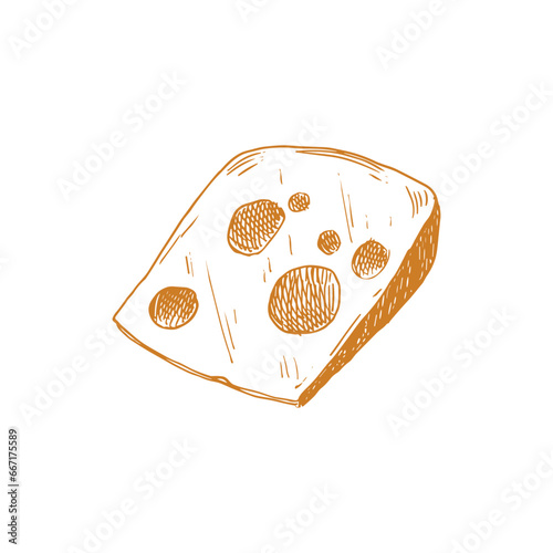 Watercolor illustration of cheese isolated on white. Milk dairy product. Hand drawn food for menu, recipe, label, packaging design. Slice of cheese with holes.