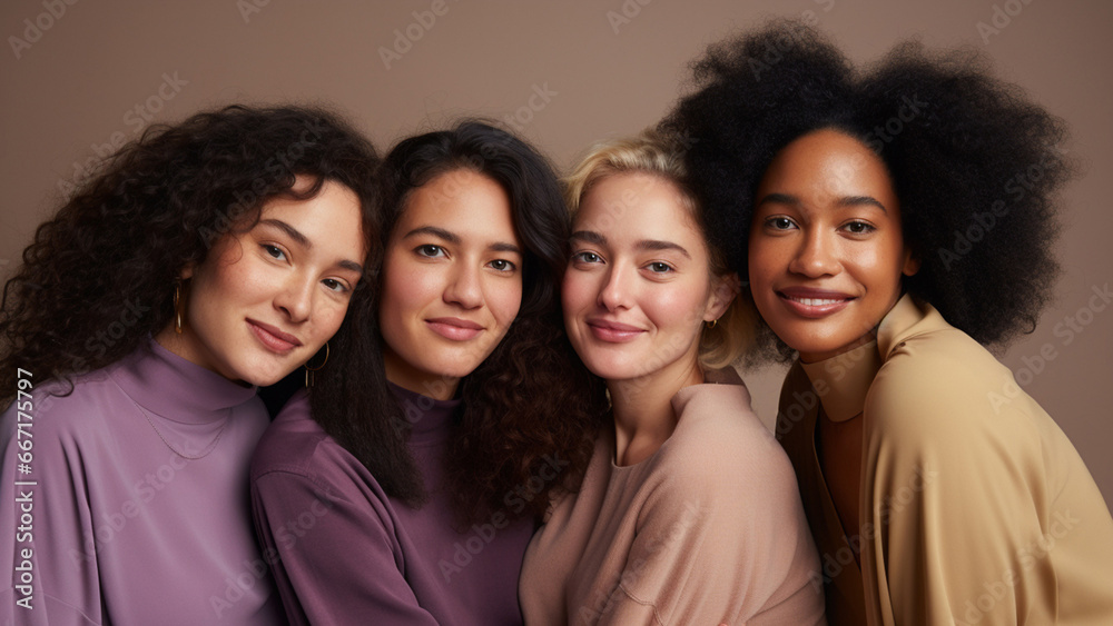 Obraz premium A lively gathering of young women is portrayed in a cheerful and vibrant photograph, emanating joy with a warm purple and brown tone. Generative AI.