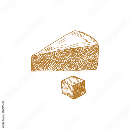 Watercolor block of cheddar cheese with cutted pieces, milk dairy product. Delicious food hand-drawn illustration isolated on white background. Perfect for menu, recipe, label, packaging design.