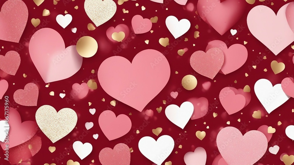   background with hearts A collection of red, pink, and white hearts with gold confetti on a transparent background.  