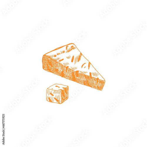Watercolor a slice of blue cheese. Dairy and cheese products isolated on white background. Muted tones moldy cheese. Hand drawn realistic illustration food for menu, recipe, label, packaging design.