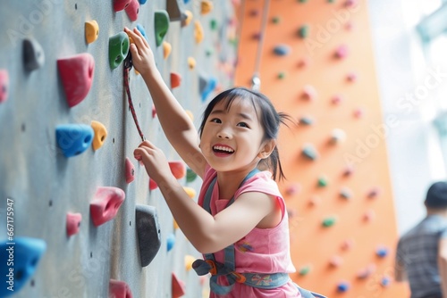 Asian child girl sports exercises climbing on climbing wall