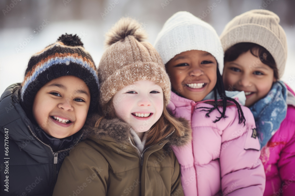 Group of diverse happy multi-ethnic children playing in snow and having fun outdoors in winter time