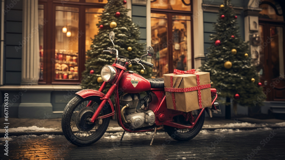 Vintage motorcycle with gift boxes on the background of a Christmas tree generativa IA