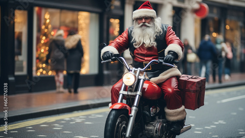 Santa Claus riding a motorbike on the street in New York City generativa IA © Victor