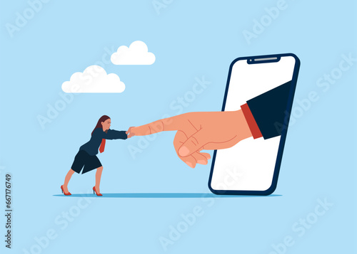 Fight against super power people, challenge. Woman pushing against giant business hand. Vector illustration