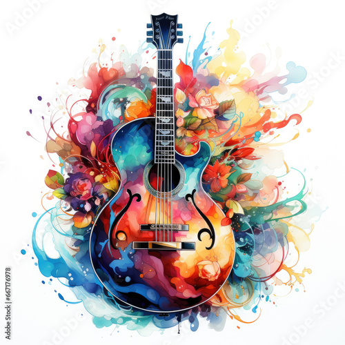 watercolor Guitar Teaclipart, Generative Ai