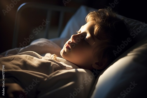 Side view of little boy sleeping on medical bed in hospital during treatment in clinic. Concept of sick children hospitalized