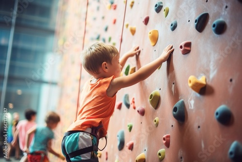 caucasian child boy sports exercises climbing on climbing wall
