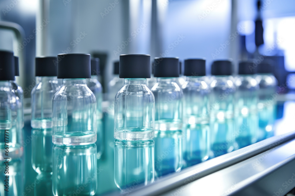 A view of a pharmaceutical production line at work, featuring medical vials and glass bottles, with pharmaceutical machines in operation. A view of a pharmaceutical production line at work, featuring medical vials and glass bottles, with pharmaceutical machines in operation.