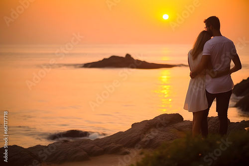 Caucasian couple hugging each other at beach during sunset