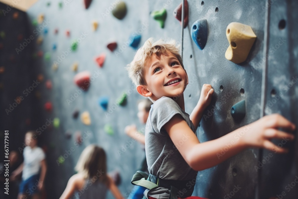 Fototapeta premium caucasian child boy sports exercises climbing on climbing wall