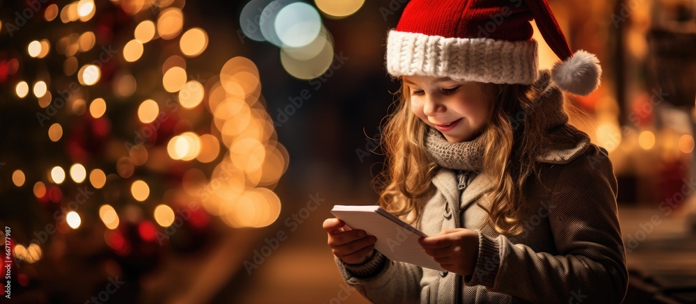 Cheerful girl in red hat mails letter to Santa in Paris - obrazy, fototapety, plakaty 