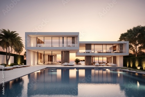 Exterior of modern minimalist cubic villa with swimming pool at sunset. ai generative © Igor