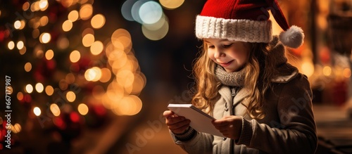 Cheerful girl in red hat mails letter to Santa in Paris photo