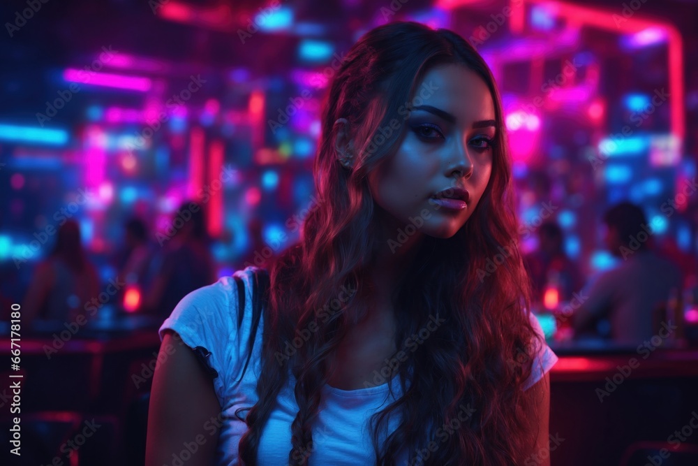 Neon girl in night club. ai generative