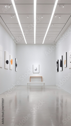 Art gallery space with sleek design  minimalist aesthetics  and interesting artworks.