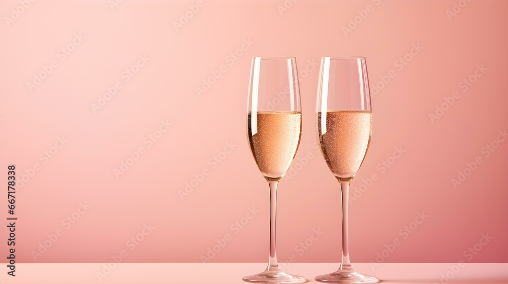 Two isolated Champagne Glasses in front of an light pink Background. Festive Template for Holidays and Celebrations Two isolated Champagne Glasses in front of an light pink Background. Festive Template for Holidays and Celebrations