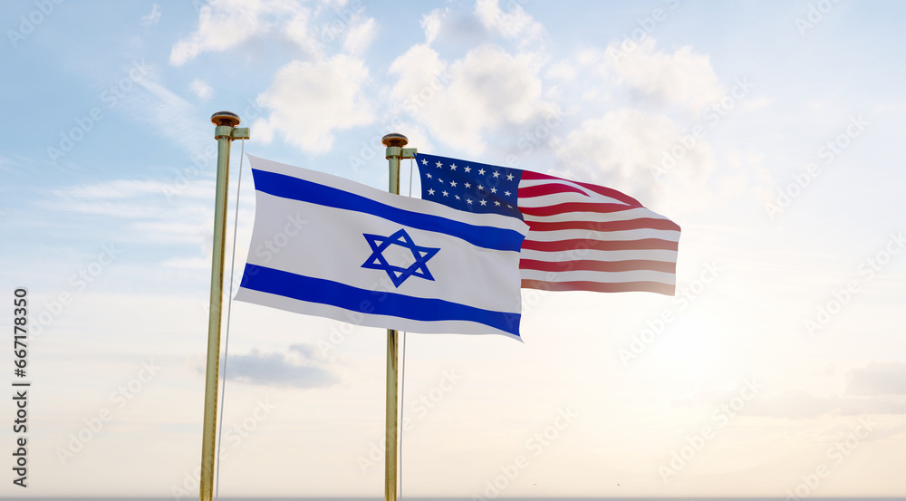 Fototapeta premium Israel and United states flags waving against a blue sky background. 