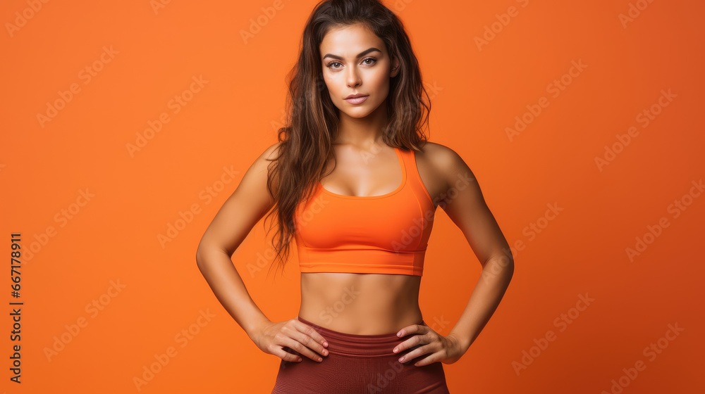 Obraz premium Confident Woman in Fitness Clothes on Orange Background