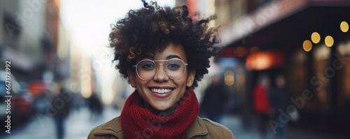 Portrait of happy young woman wearing glasses outdoors © Jasmina