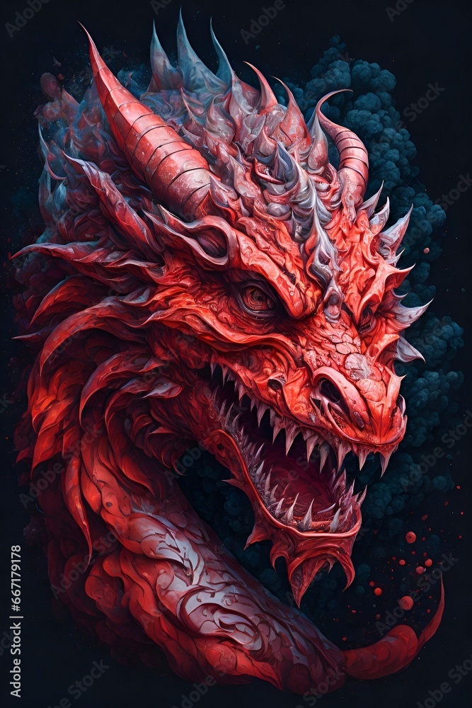 a red dragon head with blue eyes
