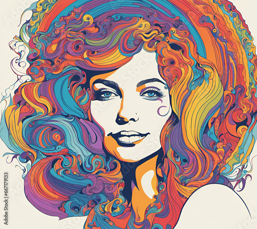 Smiling happy woman portrait  abstract painting in psychedelic style
