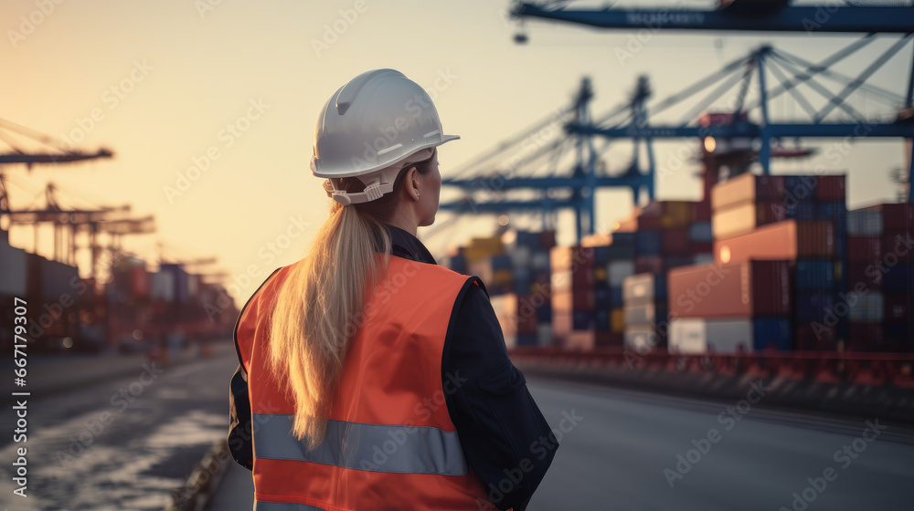 A female civil engineer, wearing a helmet, reviews drawings at a harbor's container terminal, seen from behind with a blurred background. A female civil engineer, wearing a helmet, reviews drawings at a harbor's container terminal, seen from behind with a blurred background.