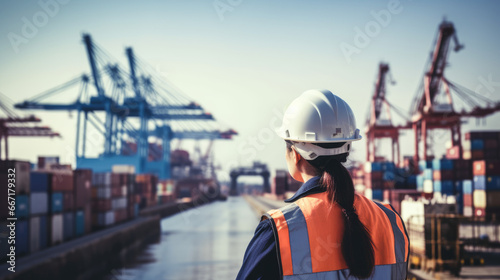 A female civil engineer examines drawings at a container terminal in the harbor, seen from behind, with a blurred backdrop. © B & G Media