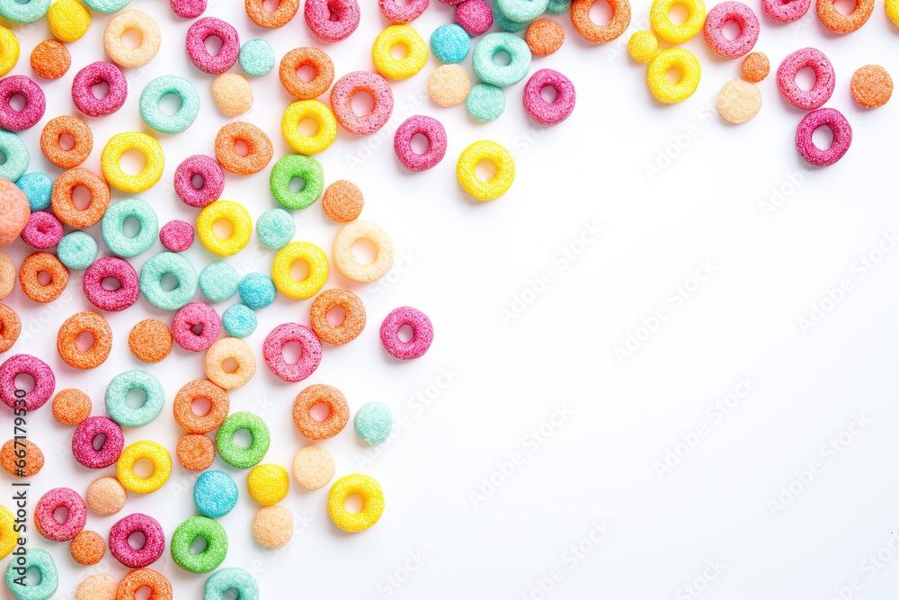 Colorful Cereal rings on white background. Flatlay composition with blank space to add text or logo. Ai Generative Colorful Cereal rings on white background. Flatlay composition with blank space to add text or logo. Ai Generative