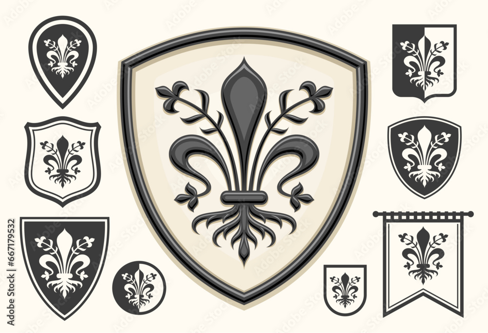 Vector Florence Emblem Set, horizontal poster with lot collection of 9 isolated illustrations of black and white florence coat of arms, decorative flag with group of art historical florentine symbols - obrazy, fototapety, plakaty 