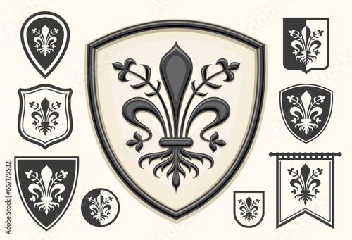 Vector Florence Emblem Set, horizontal poster with lot collection of 9 isolated illustrations of black and white florence coat of arms, decorative flag with group of art historical florentine symbols photo