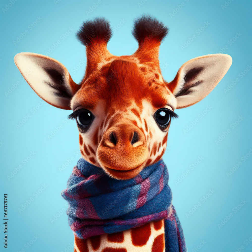 a giraffe with a scarf around its neck looking at the camera on blue background. ai generative