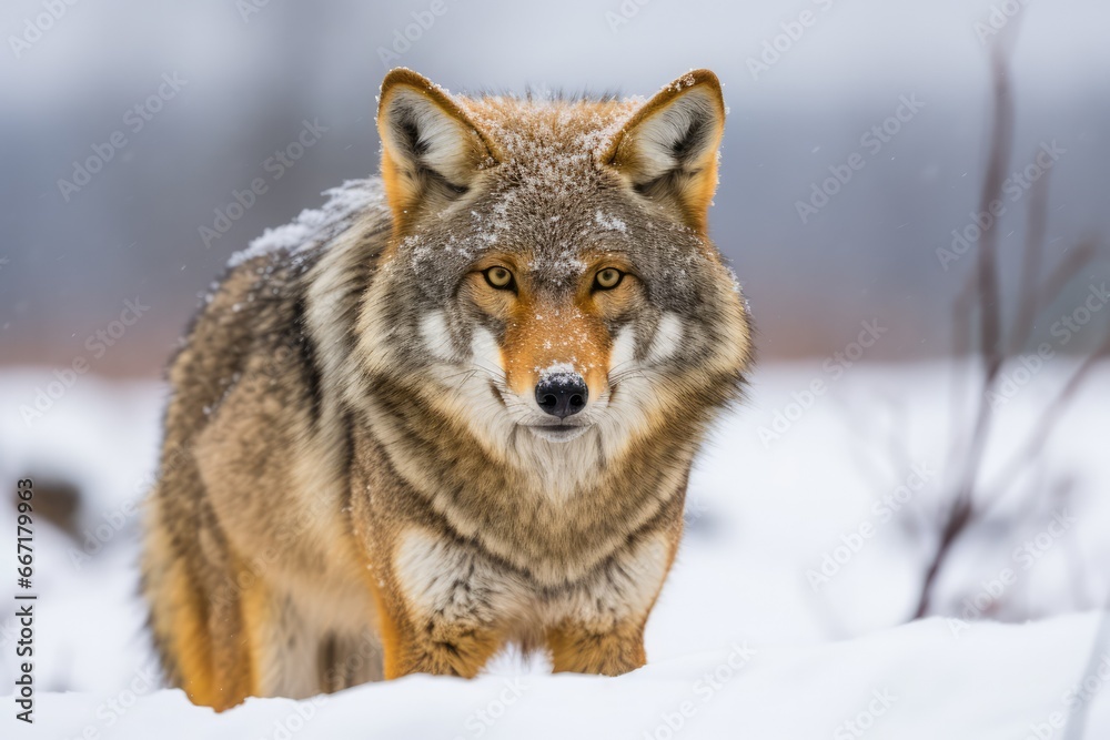 A striking high-key portrait of a majestic wolf against a clean white background. The wolf's piercing eyes and strong features convey a sense of wild beauty and resilienc A striking high-key portrait of a majestic wolf against a clean white background. The wolf's piercing eyes and strong features convey a sense of wild beauty and resilienc