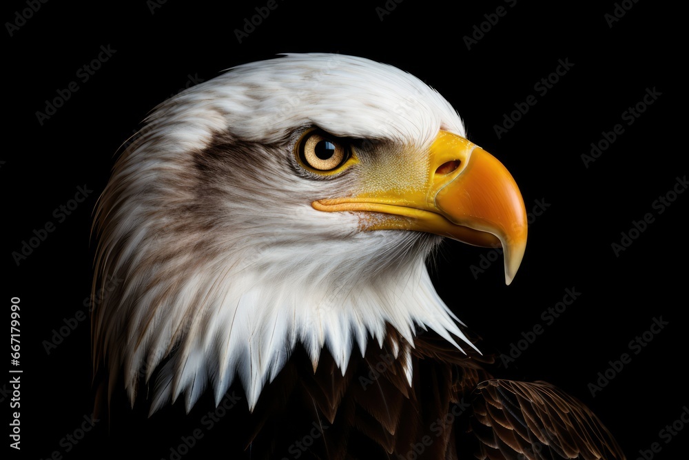 A majestic high-key portrait of a bald eagle against a clean white background. The eagle's intense gaze and sharp beak symbolize freedom and powe A majestic high-key portrait of a bald eagle against a clean white background. The eagle's intense gaze and sharp beak symbolize freedom and powe
