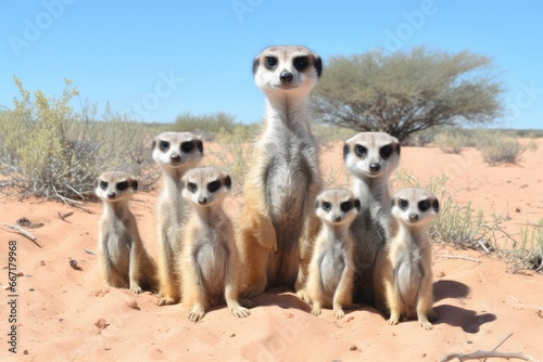 The playful and social nature of meerkats in South Africa. This endearing landscape, with meerkats in their natural habitat, showcases their curious behavior and cooperative interactions. The playful