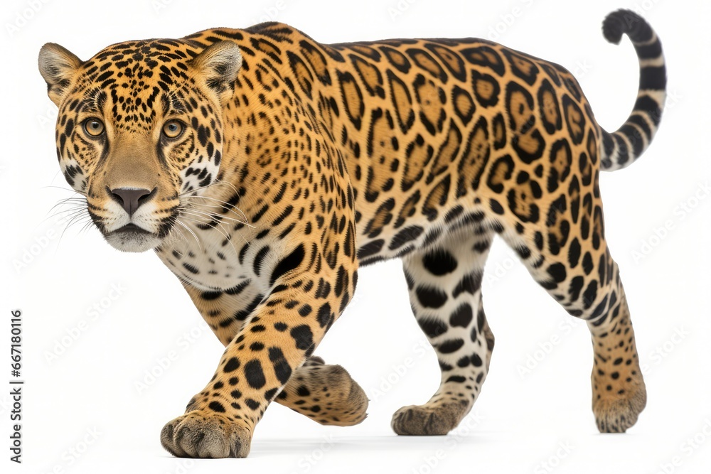 A striking high-key portrait of a sleek and powerful jaguar against a bright white background. The jaguar's intense stare and muscular physique evoke a sense of wild beauty and primal strengt A striking high-key portrait of a sleek and powerful jaguar against a bright white background. The jaguar's intense stare and muscular physique evoke a sense of wild beauty and primal strengt