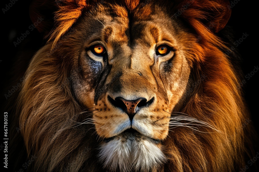 Naklejka premium A stunning high-key portrait of a majestic lion against a bright white background. The lion's piercing eyes and noble expression captivate the viewer, showcasing the regal beauty of this magnificent c