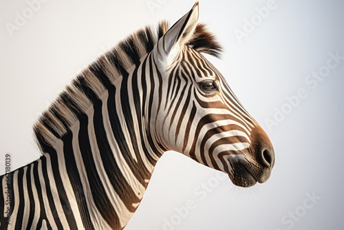 A captivating high-key portrait of a zebra against a clean white background. The zebra s bold stripes and alert expression create a sense of uniqueness and allure  highlighting the distinctive beauty