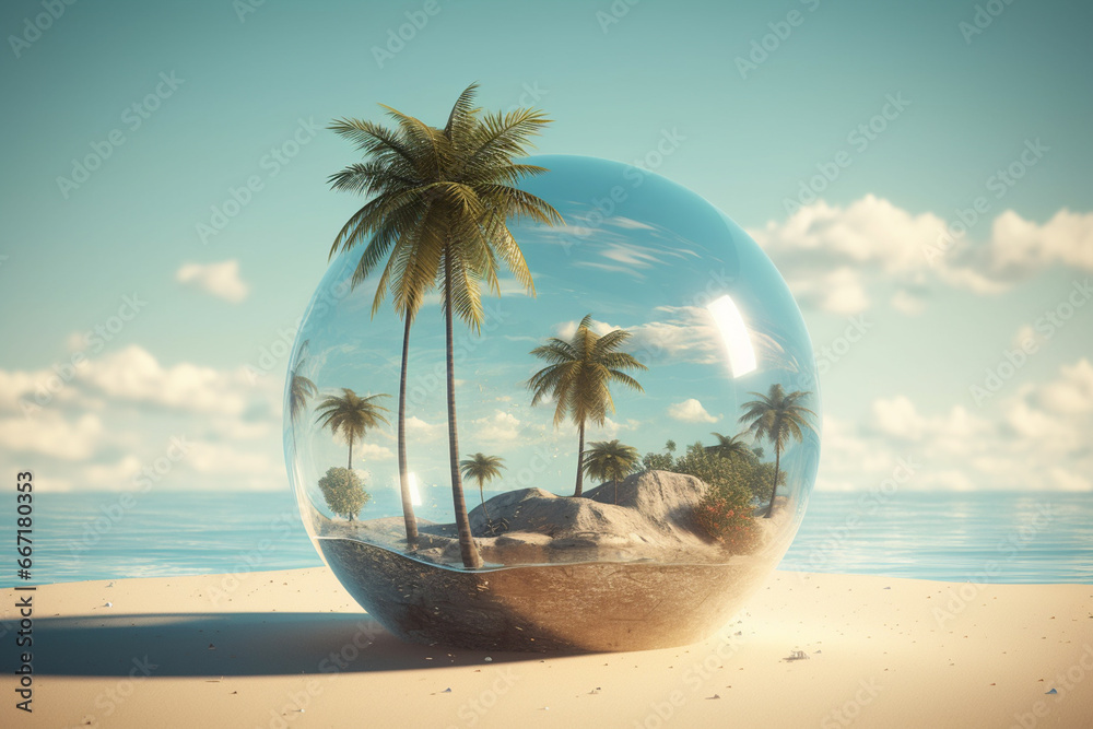 Tropical island in a crystal ball. 3D rendering.