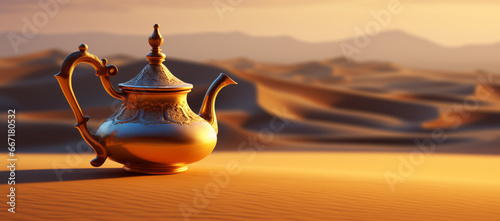 Oriental gold teapot lying on the sand in the desert dunes
