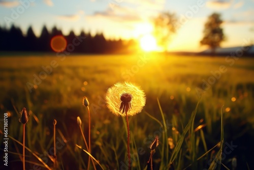 A serene close-up of a dandelion seed head at dawn, with the soft pink and orange hues of the rising sun creating a warm and ethereal atmosphere. The image captures the quiet beauty and new beginnings