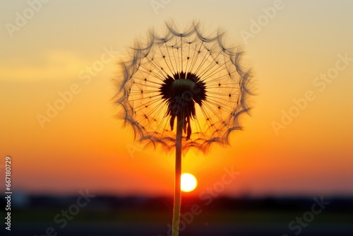 A captivating close-up of a dandelion seed head at dusk, with the soft golden light of the setting sun illuminating the delicate wisps floating in the air. The image captures the ephemeral beauty and