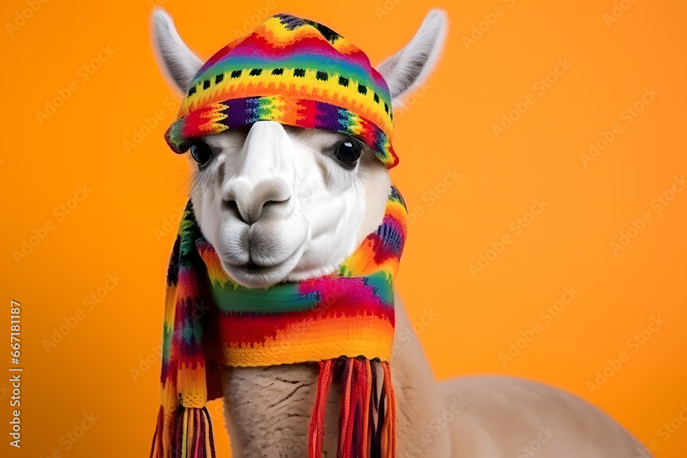 Studio portrait of an alpaca wearing knitted hat, scarf and mittens. Colorful winter and cold weather concept.