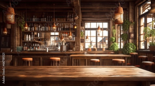 Elegant lounge vibes. Modern bar interior. Cafe comfort. Empty wooden table interior. Nightlife bliss. Stylish pub decor for evening out. Fine dining in style. Restaurant with vintage flair © Bussakon
