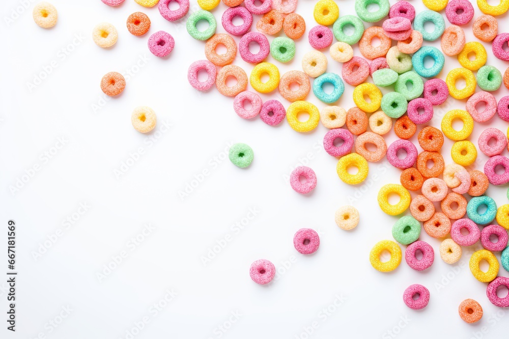 Colorful Cereal rings on white background. Flatlay composition with blank space to add text or logo. Ai Generative