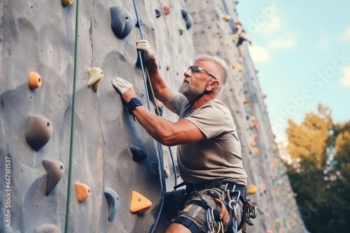 caucasian old sportsman exercises climbing on climbing wall