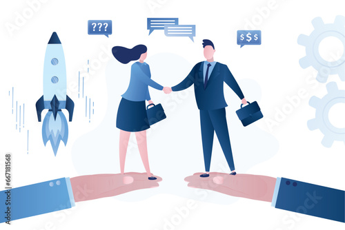 Giant hands hold businesspeople making deal. Online platform or service for b2b communication. Helping businesses find partners and close profitable deals. Partners shake hands